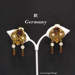 Western Germany Topaz Filigree Clip Earrings, Faux Pearls, 1950s Vintage Jewelry